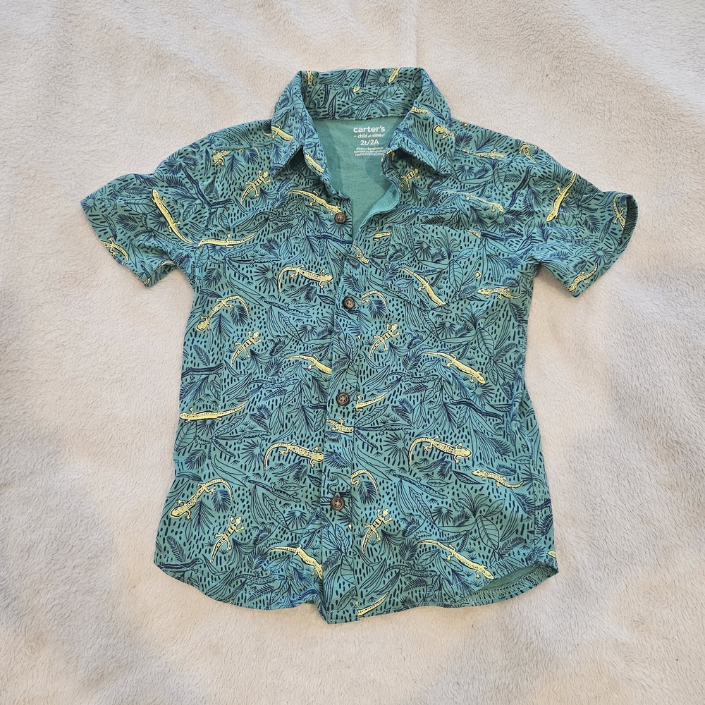 Carter's Teal Short-Sleeve Button-Up Shirt with Yellow Leaf Print
